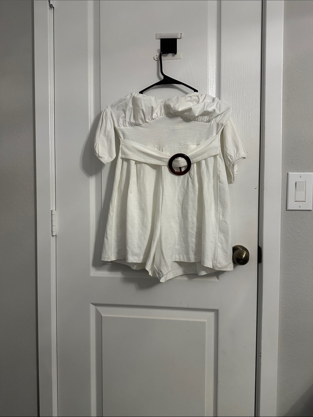 ASOS White Off-Shoulder Romper with Buckle Belt
